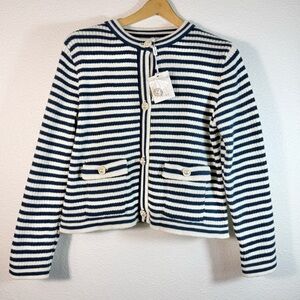 Sioni Breton Stripe Cardigan Sweater Size M Navy White Classic Office Preppy NWT